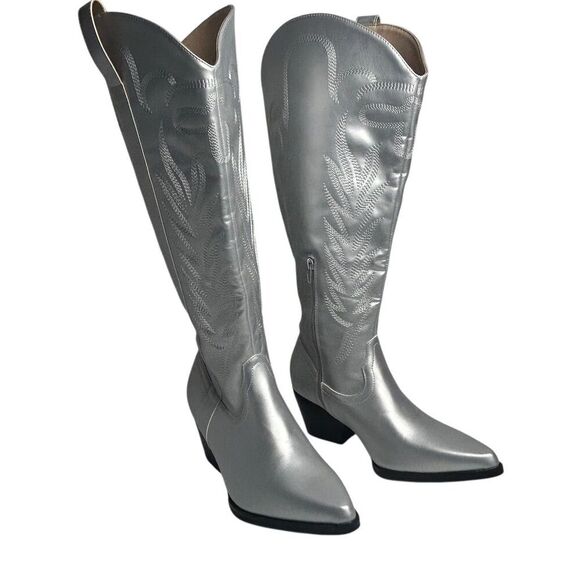Arula Women's Silver Knee-High Cowboy Boots Size 9 Western Style - Picture 1 of 15